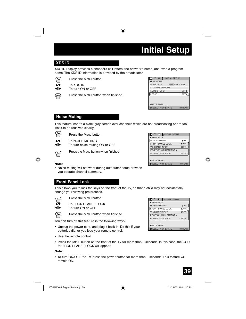 Initial setup, Xds id, Noise muting | Front panel lock | JVC 1203TNH-II-IM User Manual | Page 39 / 64