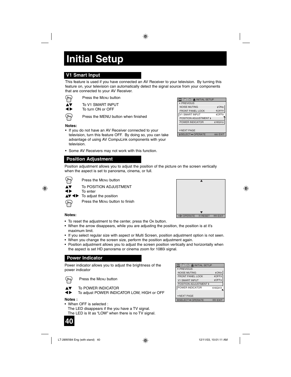 Initial setup, V1 smart input, Position adjustment | Power indicator | JVC 1203TNH-II-IM User Manual | Page 40 / 64