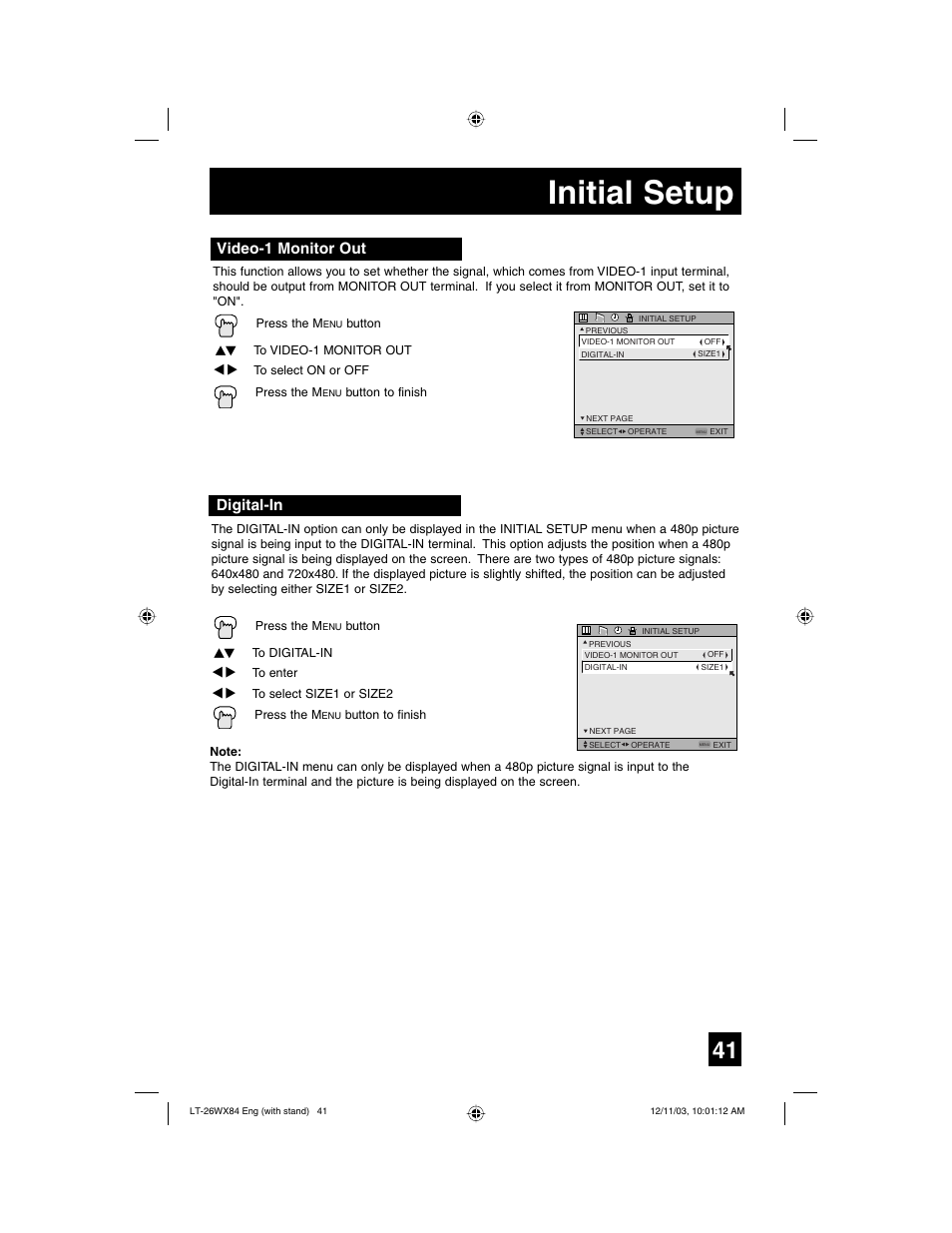 Initial setup, Video-1 monitor out, Digital-in | JVC 1203TNH-II-IM User Manual | Page 41 / 64