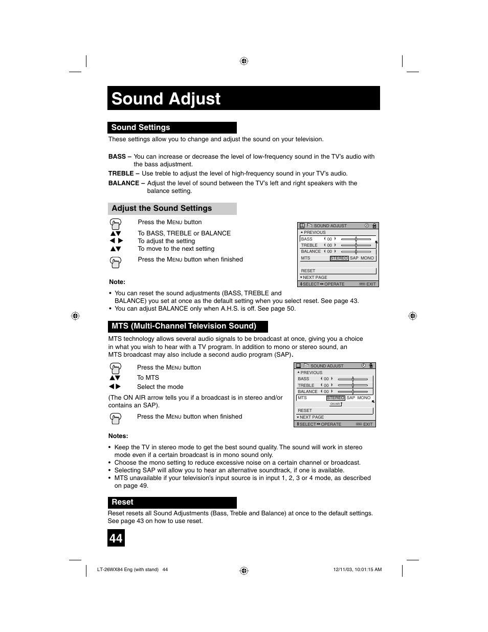 Sound adjust, Reset | JVC 1203TNH-II-IM User Manual | Page 44 / 64
