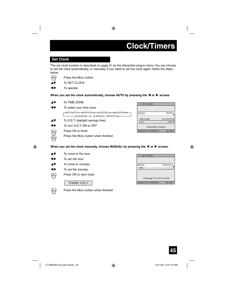 Clock/timers, Set clock | JVC 1203TNH-II-IM User Manual | Page 45 / 64