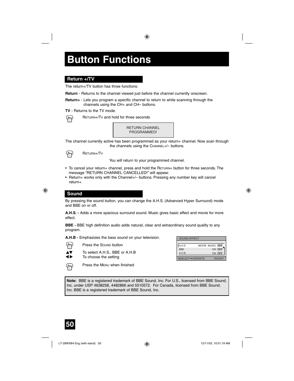 Button functions, Return +/tv, Sound | JVC 1203TNH-II-IM User Manual | Page 50 / 64