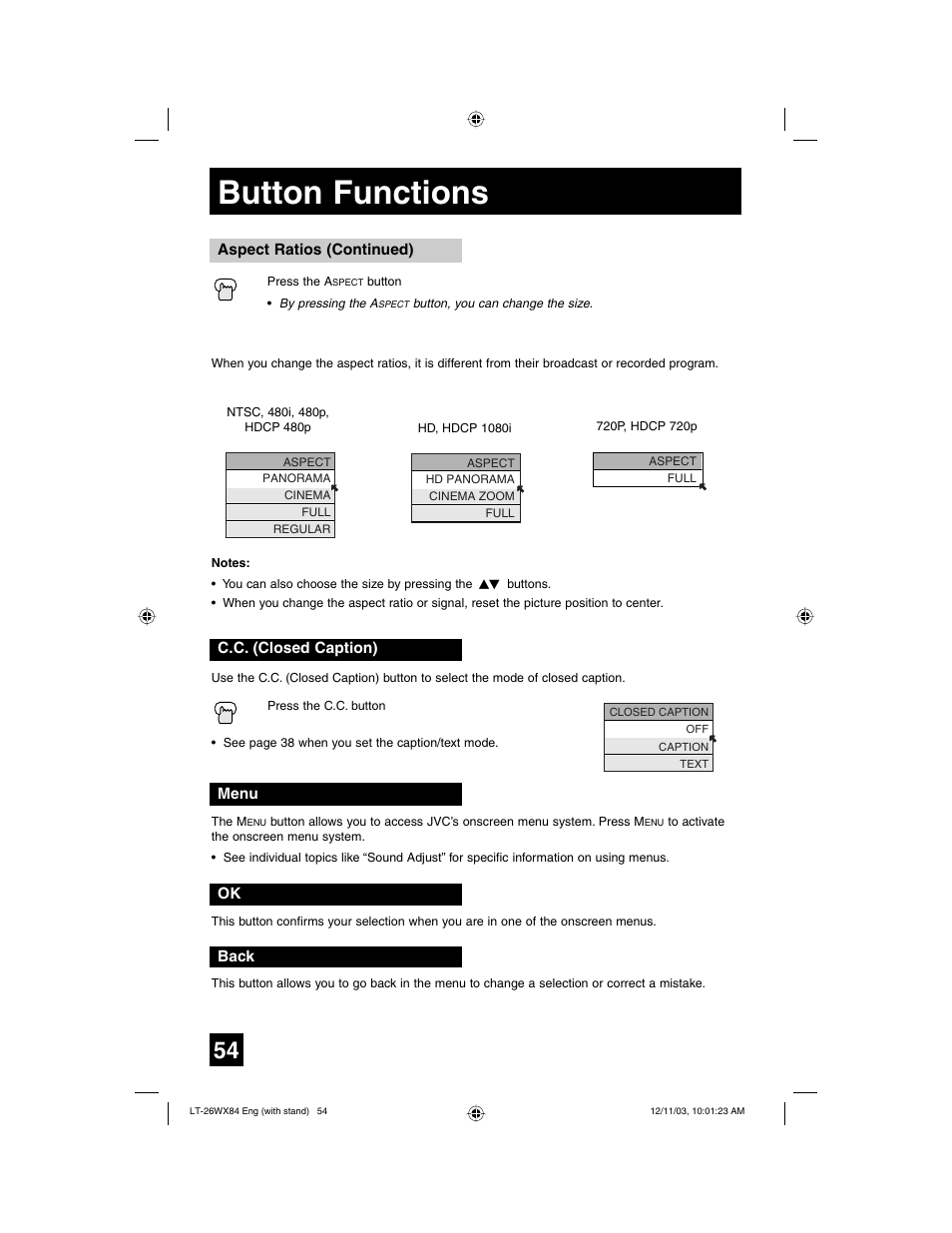 Button functions | JVC 1203TNH-II-IM User Manual | Page 54 / 64