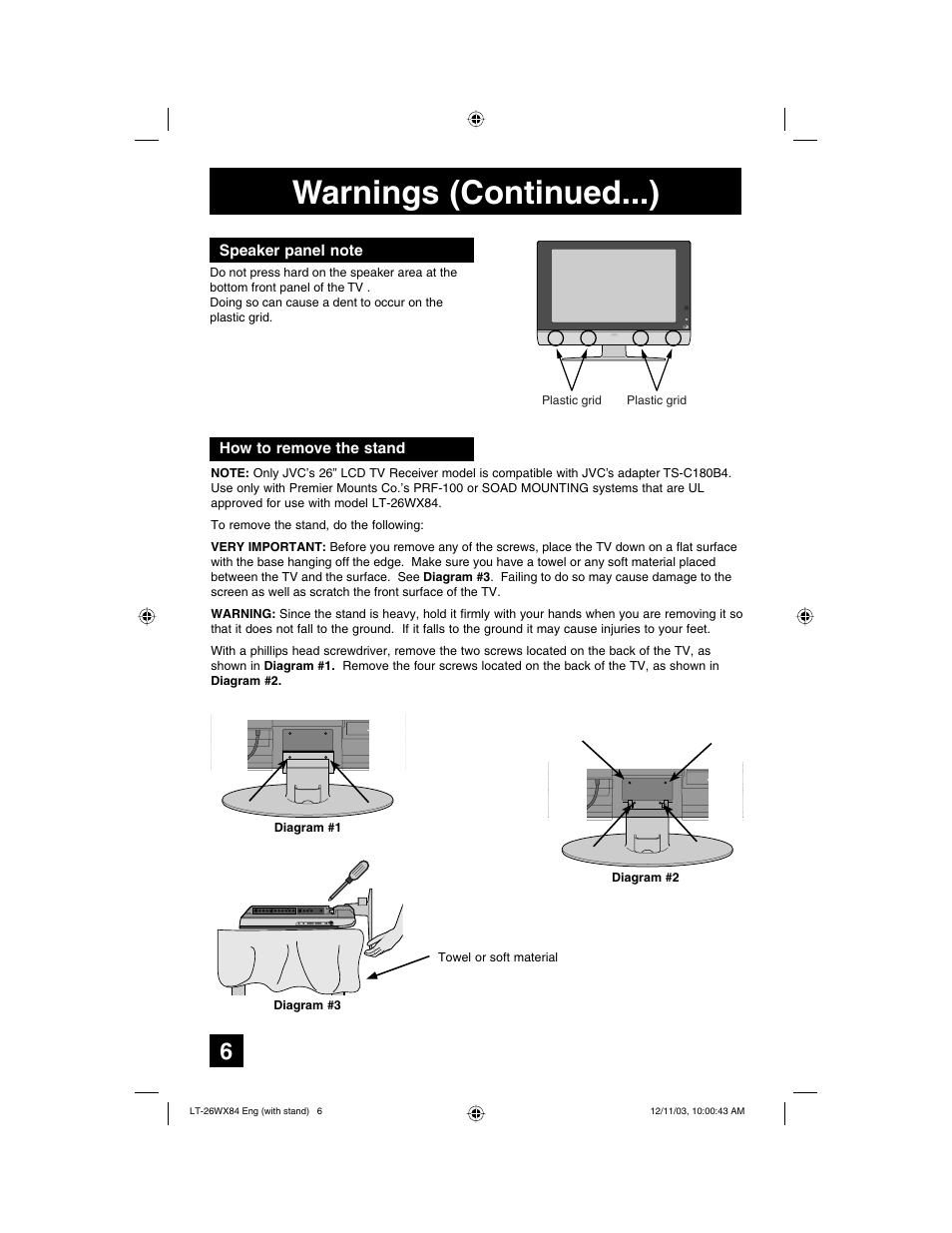 Warnings (continued...) | JVC 1203TNH-II-IM User Manual | Page 6 / 64