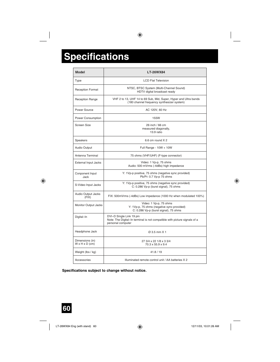 Specifications | JVC 1203TNH-II-IM User Manual | Page 60 / 64