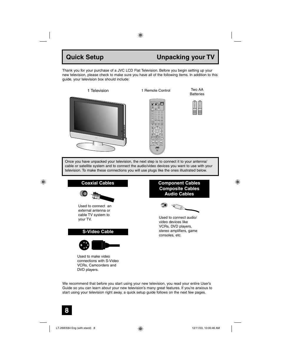 Quick setup unpacking your tv, Coaxial cables, S-video cable | Component cables composite cables audio cables, 1 television, Return, Multi screen, Tv c.c, Power, Two aa batteries | JVC 1203TNH-II-IM User Manual | Page 8 / 64