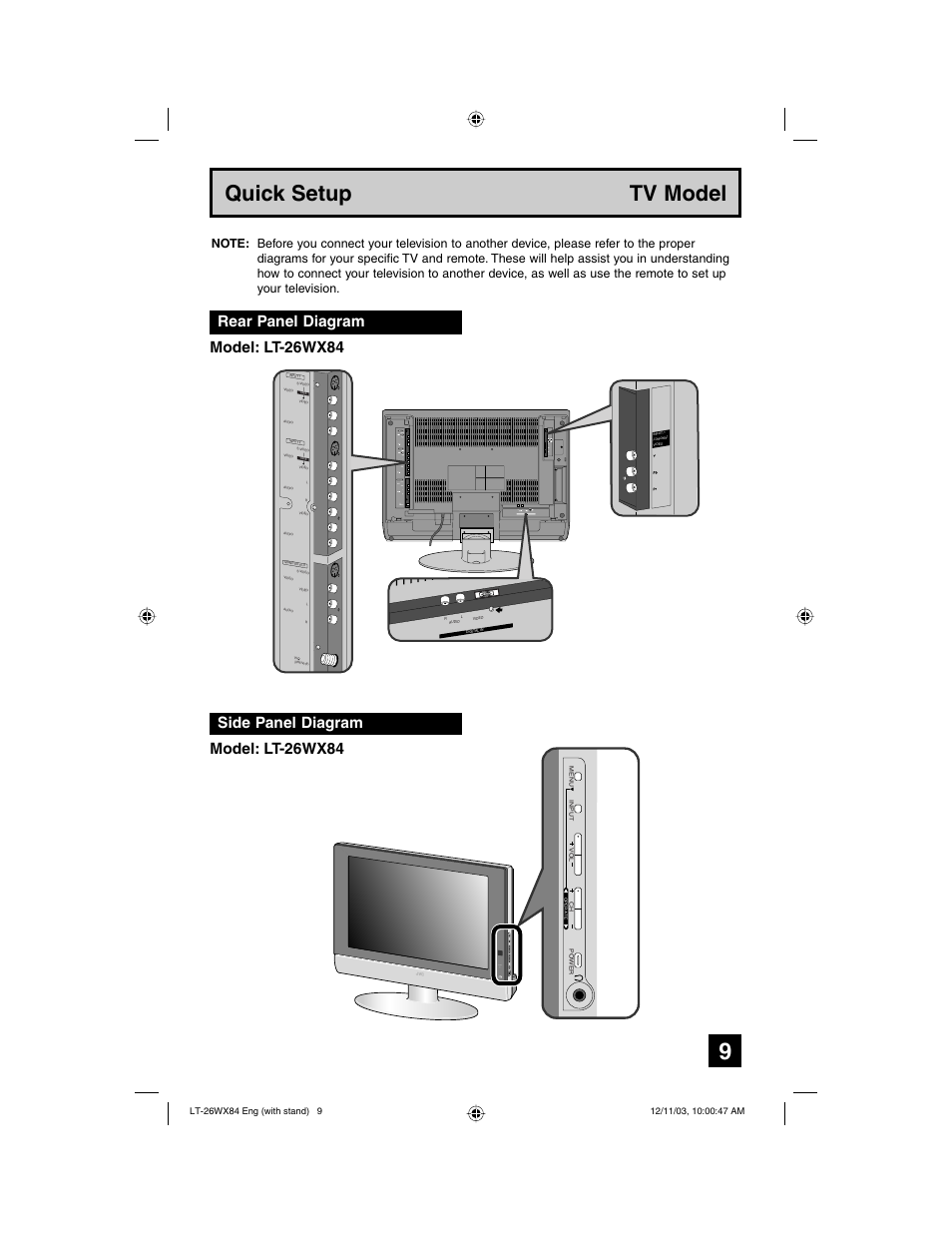 Quick setup tv model, Rear panel diagram side panel diagram, Model: lt-26wx84 | Power | JVC 1203TNH-II-IM User Manual | Page 9 / 64