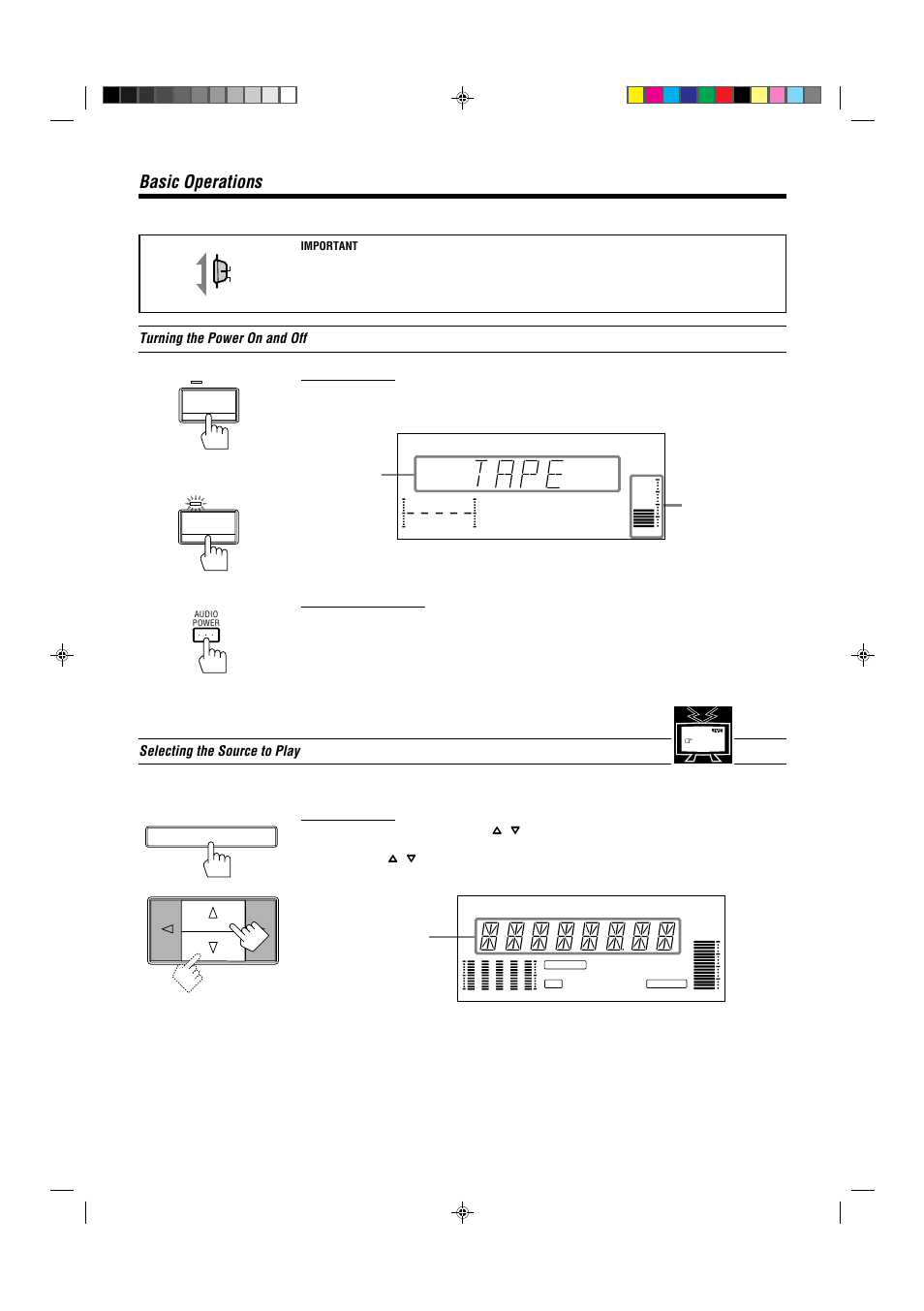 Basic operations, Turning the power on and off, Selecting the source to play | Page 11 | JVC RX-772VBK User Manual | Page 14 / 54