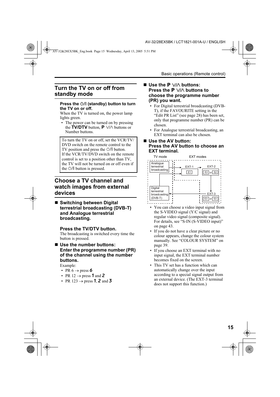 Turn the tv on or off from standby mode, Choose a tv channel and watch images, From external devices | JVC 0405TKH-CR-MU User Manual | Page 15 / 64