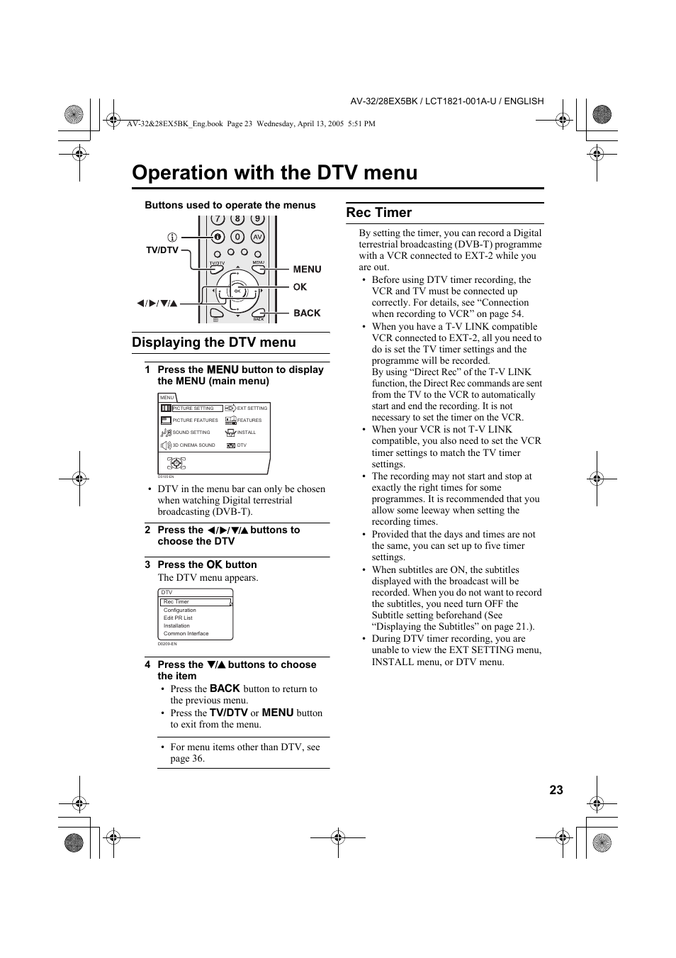 Operation with the dtv menu, Displaying the dtv menu, Rec timer | JVC 0405TKH-CR-MU User Manual | Page 23 / 64