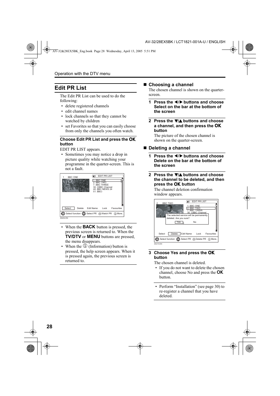 Edit pr list, Edit pr list” (s, Tv/dtv | Choosing a channel, Deleting a channel | JVC 0405TKH-CR-MU User Manual | Page 28 / 64