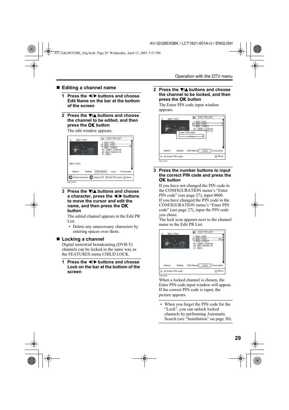 Editing a channel name, Locking a channel, Operation with the dtv menu | JVC 0405TKH-CR-MU User Manual | Page 29 / 64