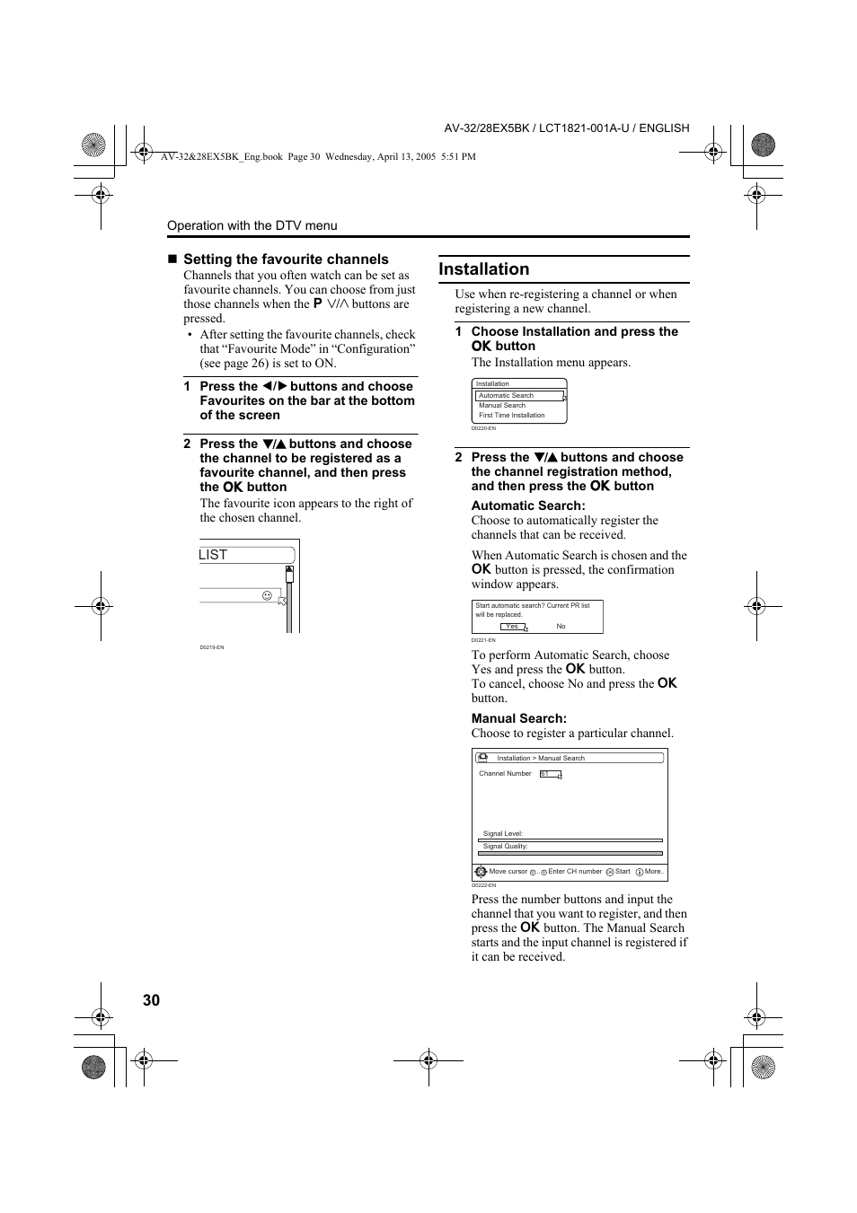 Installation, Setting the favourite channels, List | JVC 0405TKH-CR-MU User Manual | Page 30 / 64