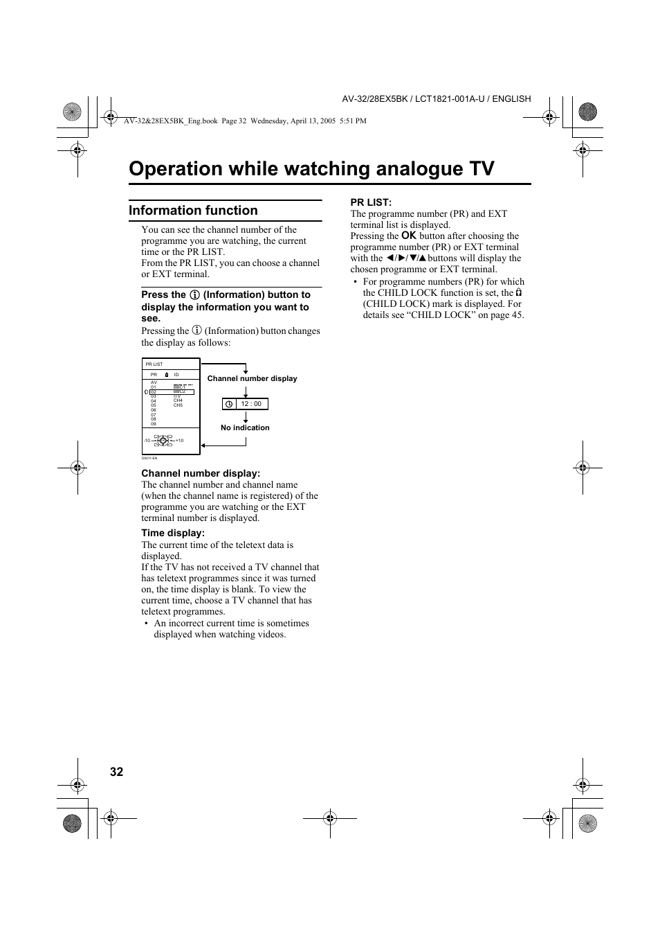 Operation while watching analogue tv, Information function, Operation while watching analogue | JVC 0405TKH-CR-MU User Manual | Page 32 / 64