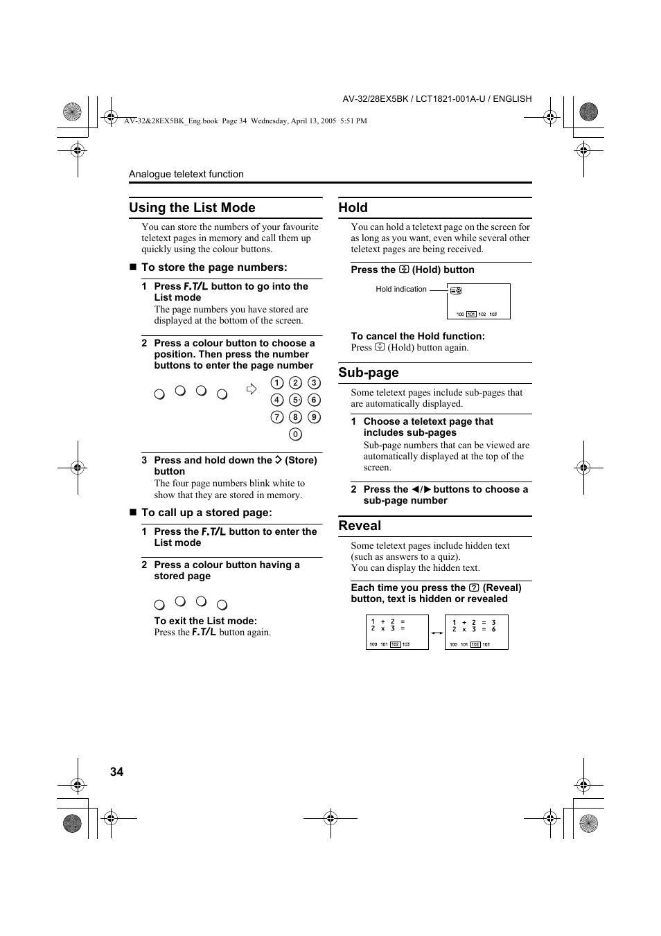 Using the list mode, Hold, Reveal | Sub-page | JVC 0405TKH-CR-MU User Manual | Page 34 / 64