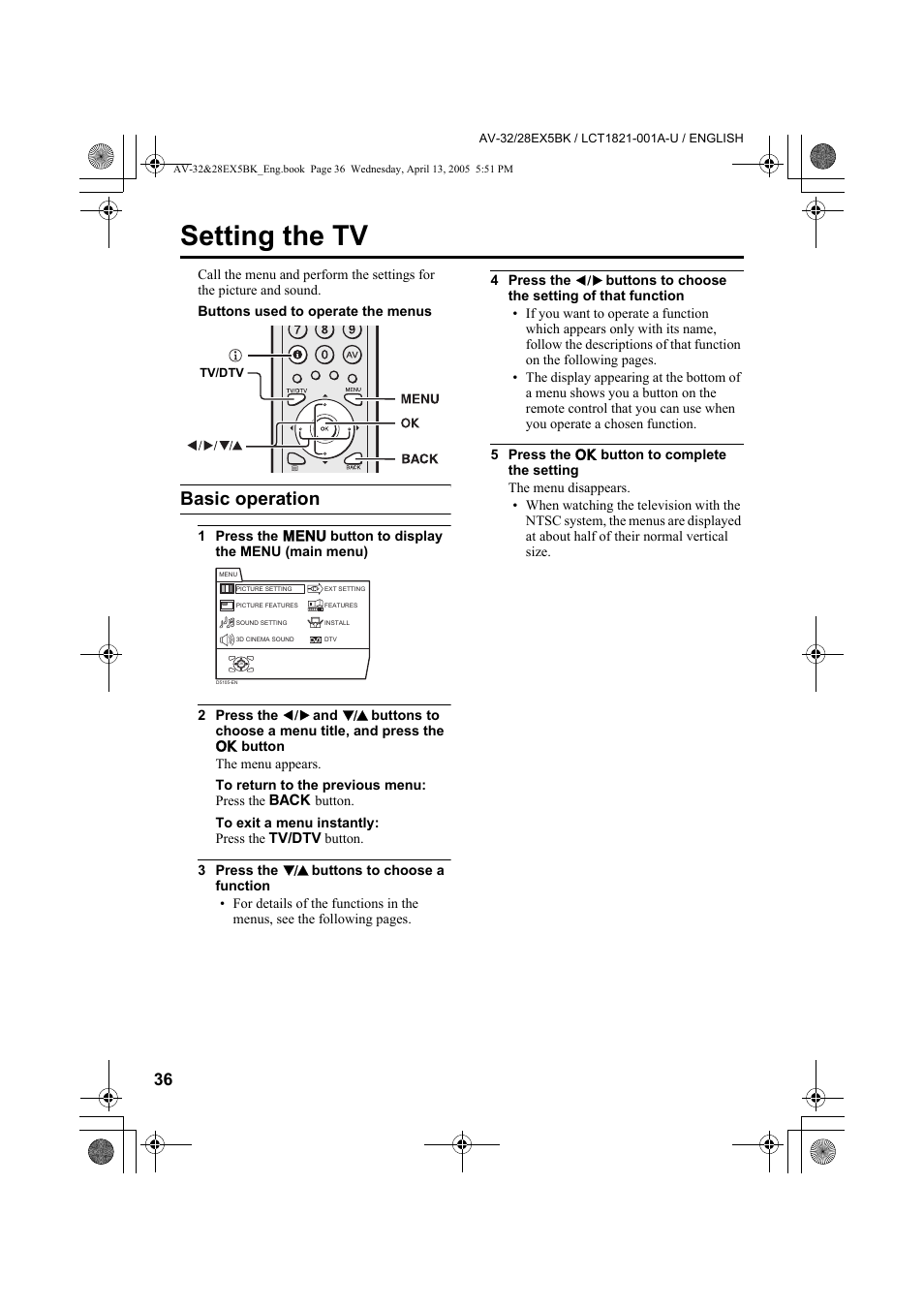 Setting the tv, Basic operation | JVC 0405TKH-CR-MU User Manual | Page 36 / 64