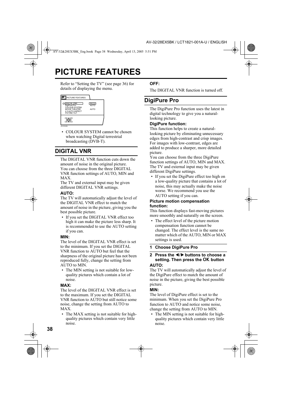 Picture features, Digital vnr, Digipure pro | JVC 0405TKH-CR-MU User Manual | Page 38 / 64