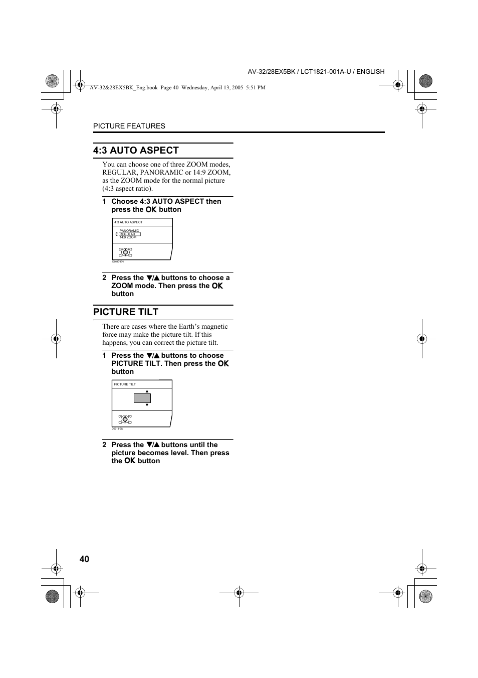3 auto aspect, Picture tilt | JVC 0405TKH-CR-MU User Manual | Page 40 / 64
