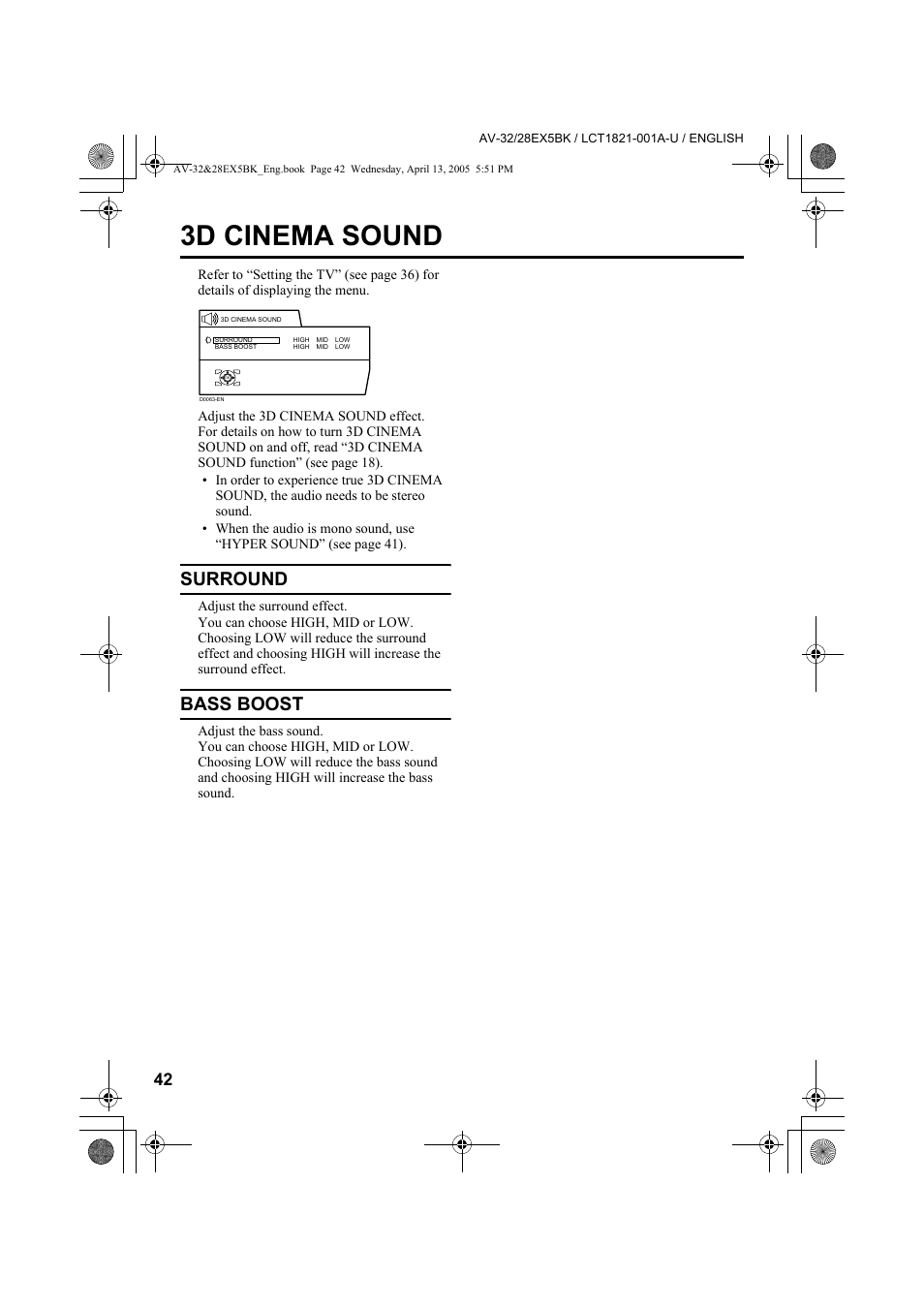 3d cinema sound, Surround, Bass boost | JVC 0405TKH-CR-MU User Manual | Page 42 / 64