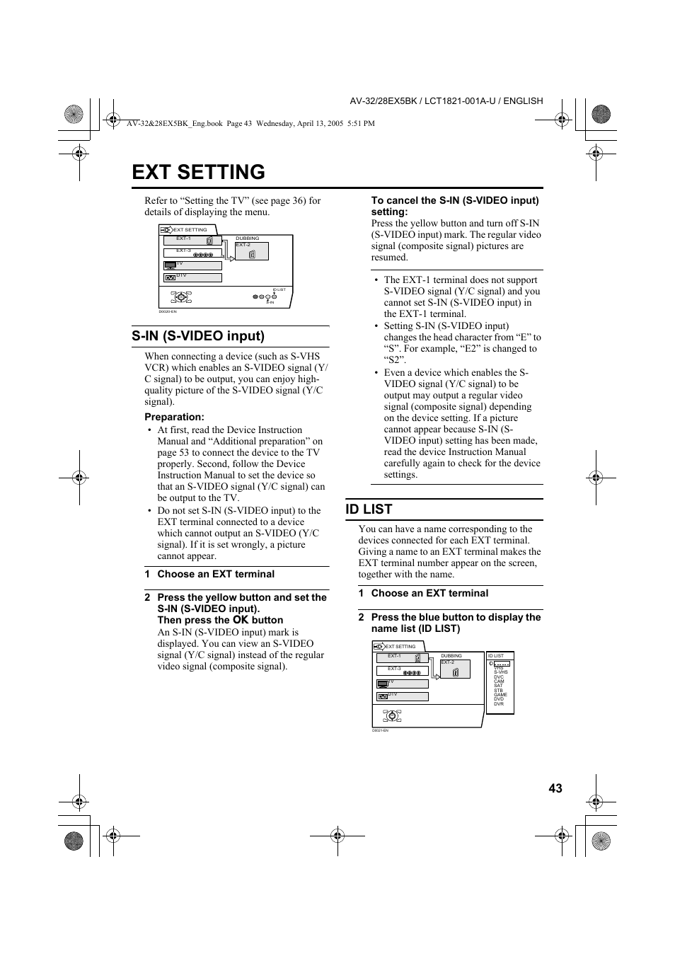 Ext setting, S-in (s-video input), Id list | JVC 0405TKH-CR-MU User Manual | Page 43 / 64