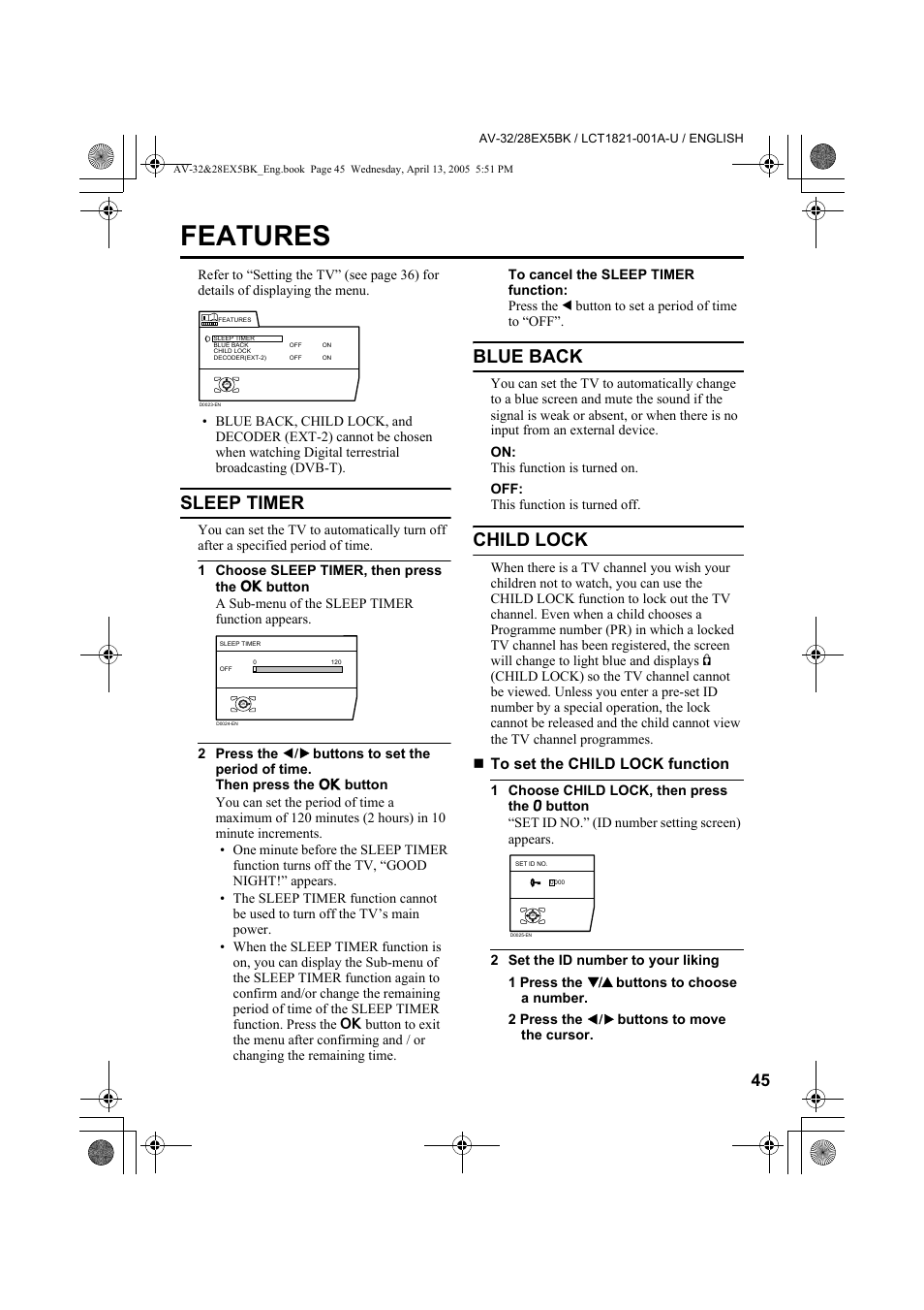 Features, Sleep timer, Blue back | Child lock | JVC 0405TKH-CR-MU User Manual | Page 45 / 64