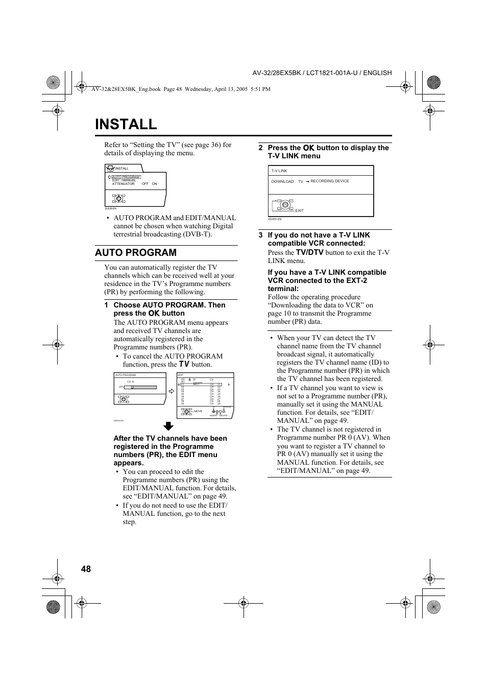 Install, Auto program, And “auto program | Tv/dtv | JVC 0405TKH-CR-MU User Manual | Page 48 / 64