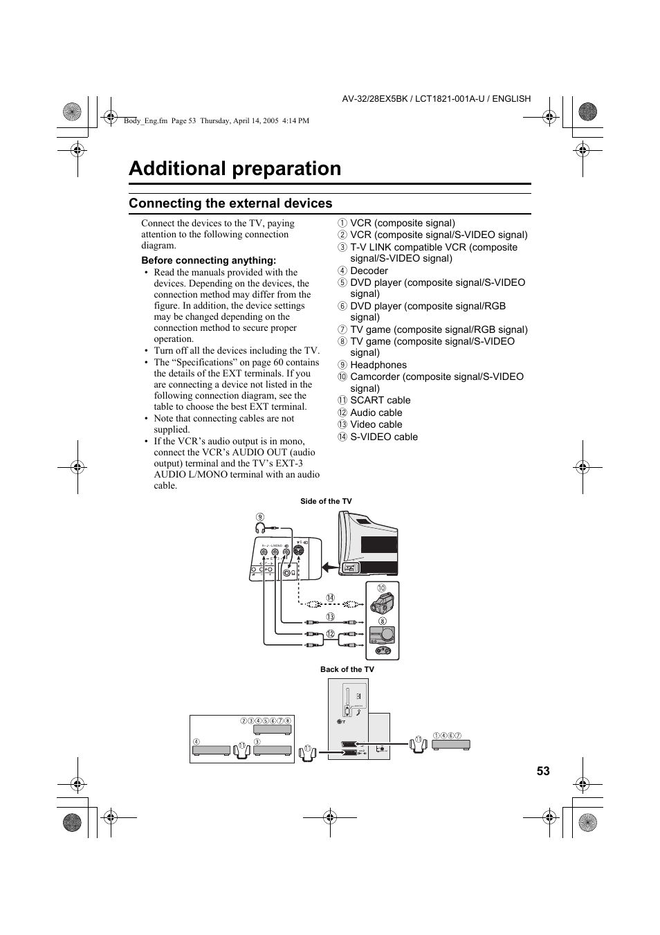 Additional preparation, Connecting the external devices, Connecting the external devices” on | Ck) (53 | JVC 0405TKH-CR-MU User Manual | Page 53 / 64