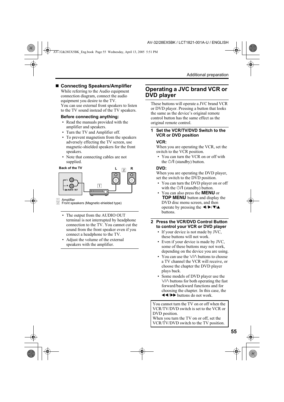 Operating a jvc brand vcr or dvd player, Operating a jvc brand vcr or dvd, Player | See “connecting speakers/amplifier” on | JVC 0405TKH-CR-MU User Manual | Page 55 / 64