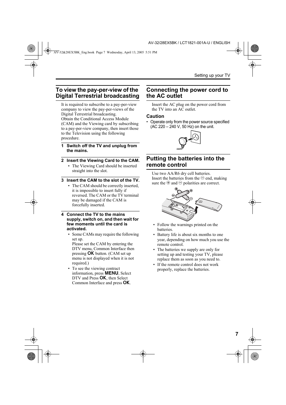 Connecting the power cord to the ac outlet, Putting the batteries into the remote control, Connecting the power cord to the ac | Outlet, Putting the batteries into the remote, Control | JVC 0405TKH-CR-MU User Manual | Page 7 / 64