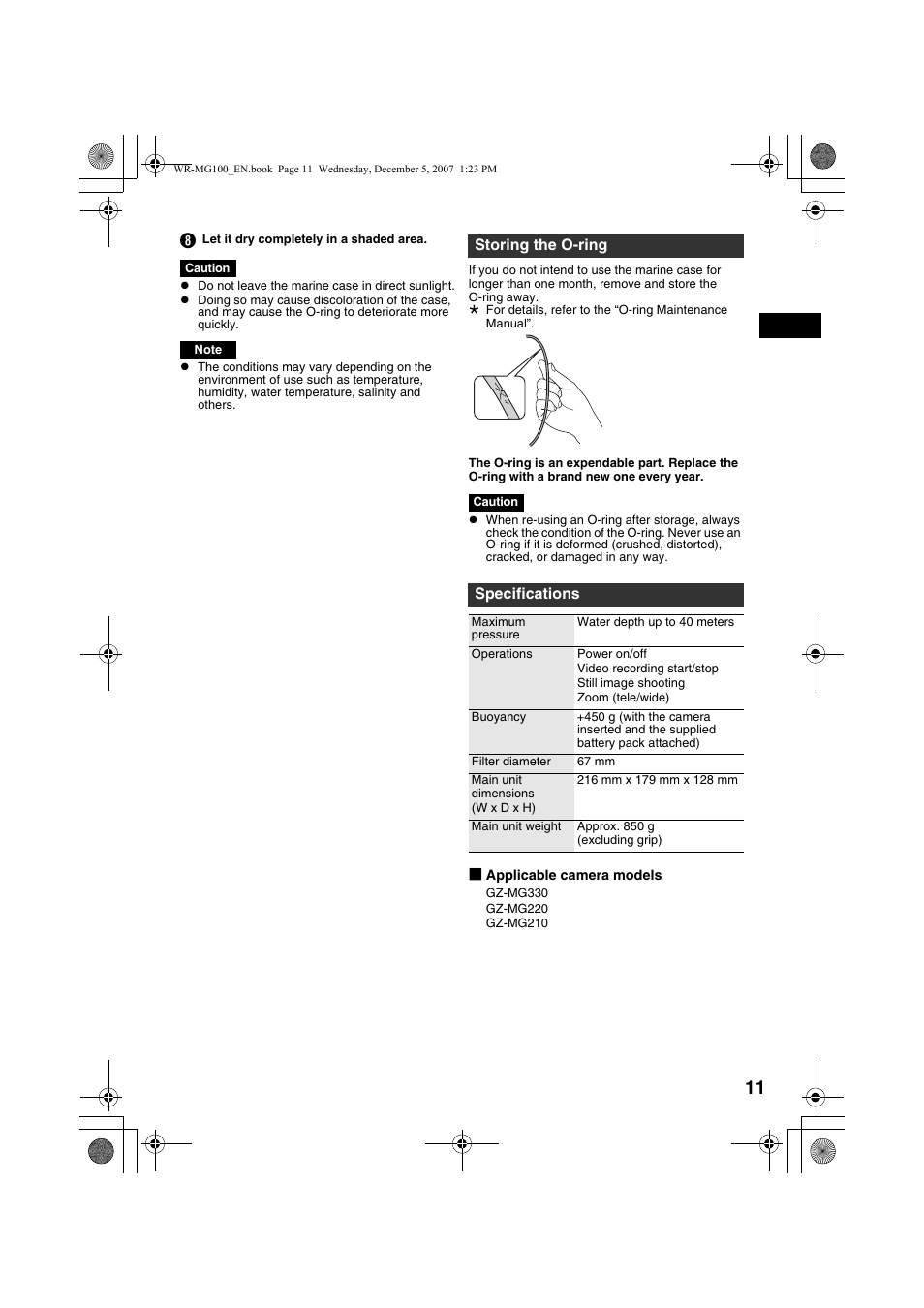 Storing the o-ring, Specifications | JVC Marine Case WR-MG100 User Manual | Page 11 / 103