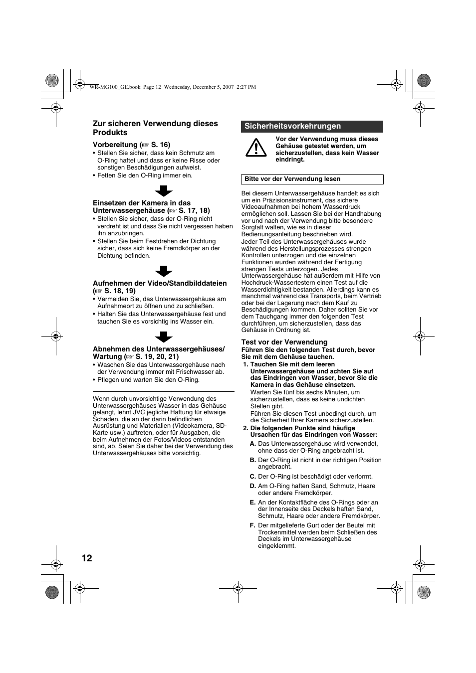 Deutsch, Sicherheitsvorkehrungen | JVC Marine Case WR-MG100 User Manual | Page 12 / 103