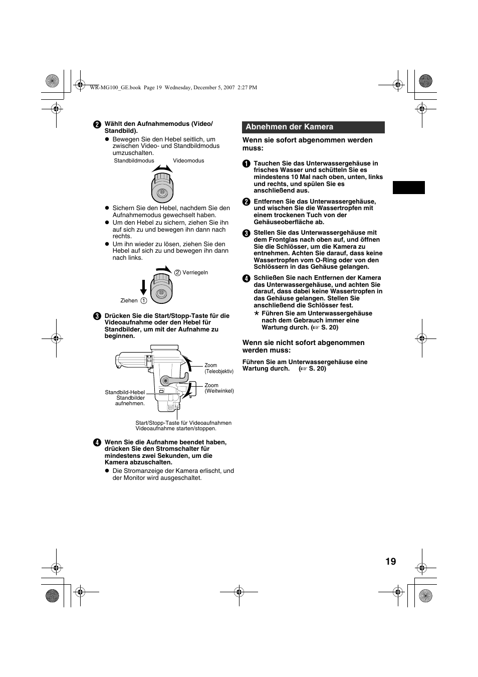 Abnehmen der kamera, A s. 19, 20, 21) | JVC Marine Case WR-MG100 User Manual | Page 19 / 103