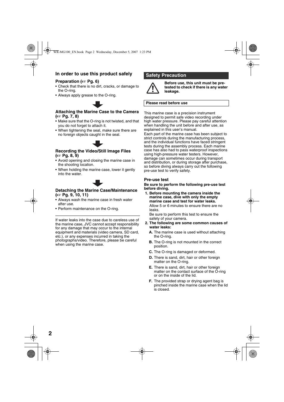 Safety precaution | JVC Marine Case WR-MG100 User Manual | Page 2 / 103