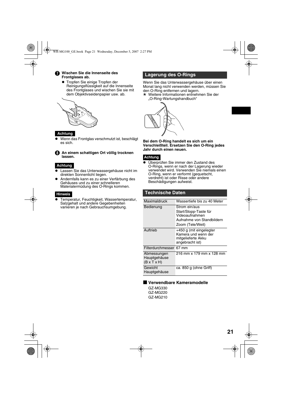 Lagerung des o-rings, Technische daten | JVC Marine Case WR-MG100 User Manual | Page 21 / 103