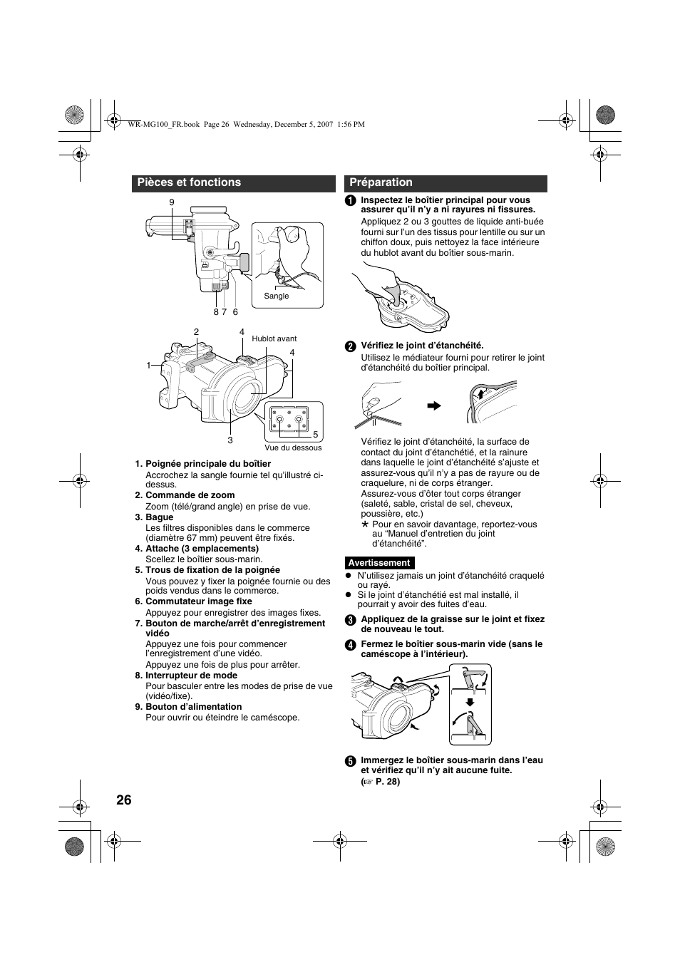 Pièces et fonctions, Préparation, Ation | A p. 26) | JVC Marine Case WR-MG100 User Manual | Page 26 / 103