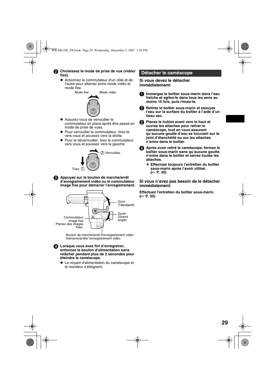 Détacher le caméscope, Entretien, A p. 29, 30 | JVC Marine Case WR-MG100 User Manual | Page 29 / 103