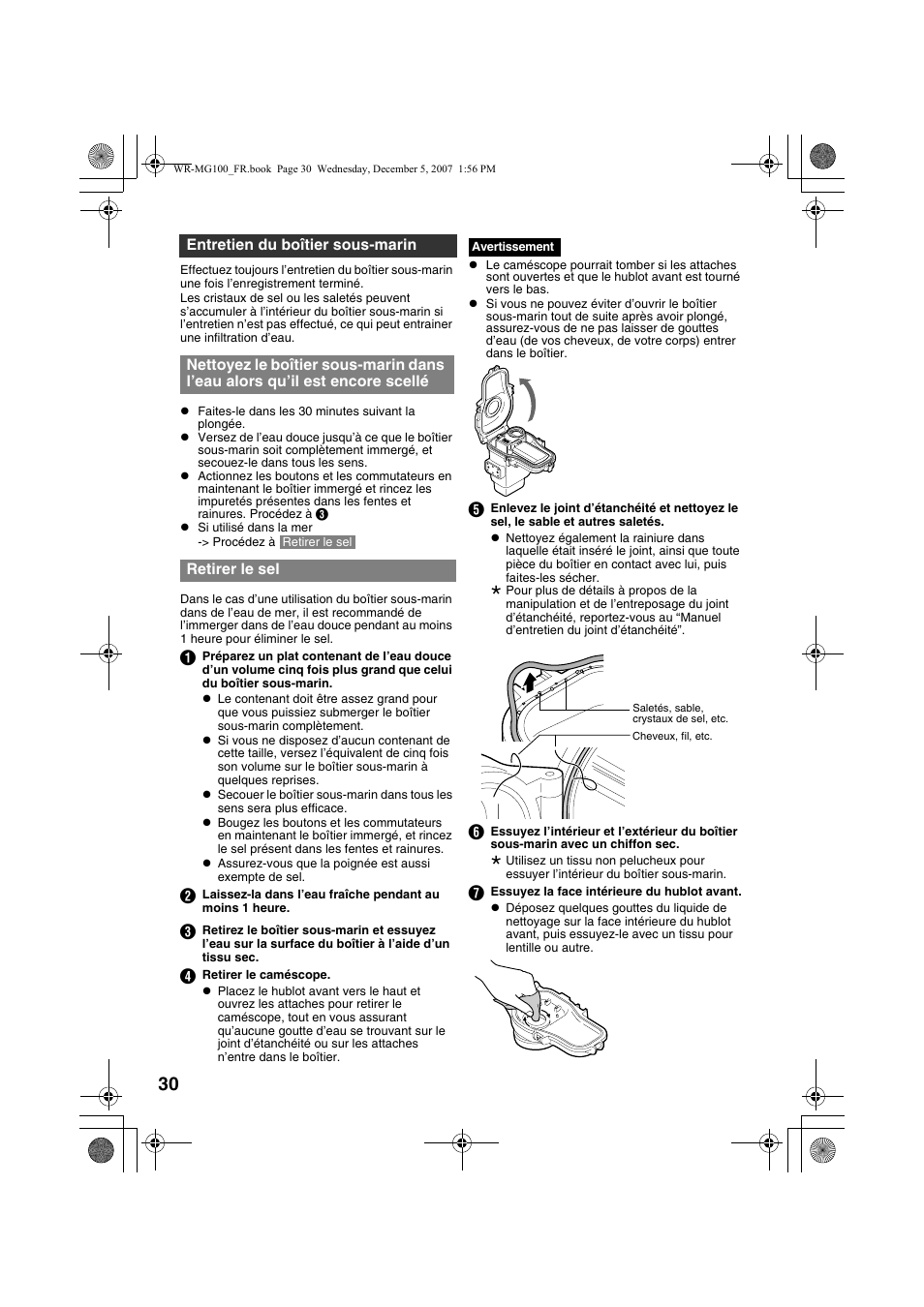 Entretien du boîtier sous-marin, Retirer le sel, A p. 30) | JVC Marine Case WR-MG100 User Manual | Page 30 / 103