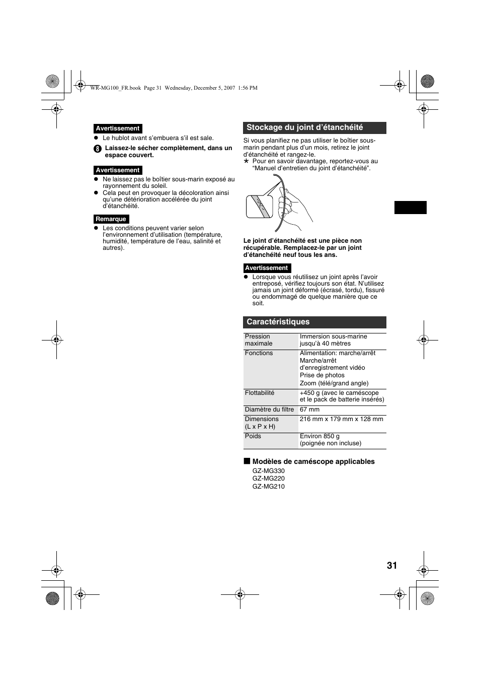 Stockage du joint d’étanchéité, Caractéristiques | JVC Marine Case WR-MG100 User Manual | Page 31 / 103