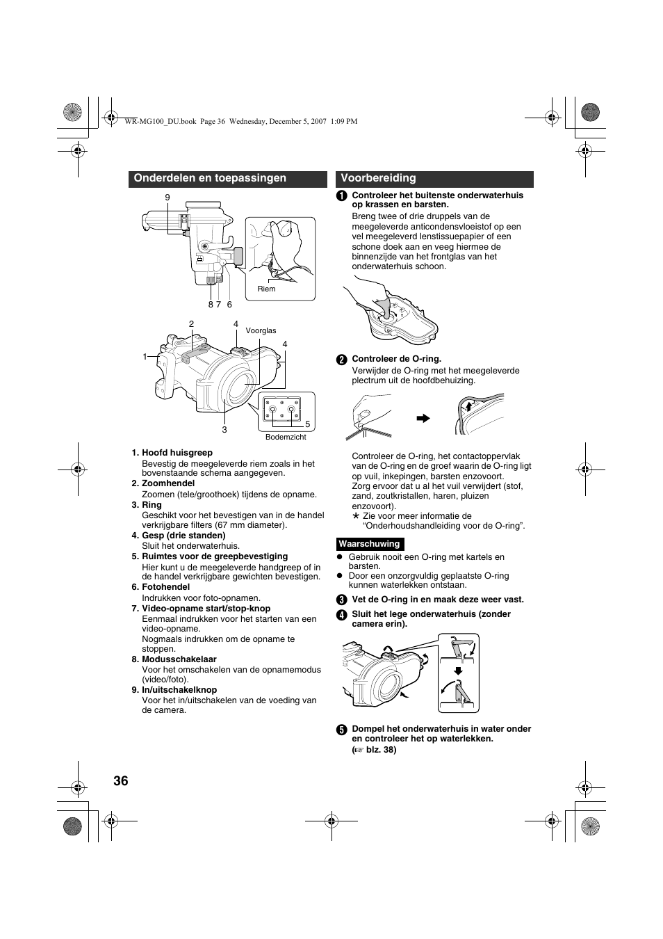 Onderdelen en toepassingen, Voorbereiding, A blz. 36) | JVC Marine Case WR-MG100 User Manual | Page 36 / 103