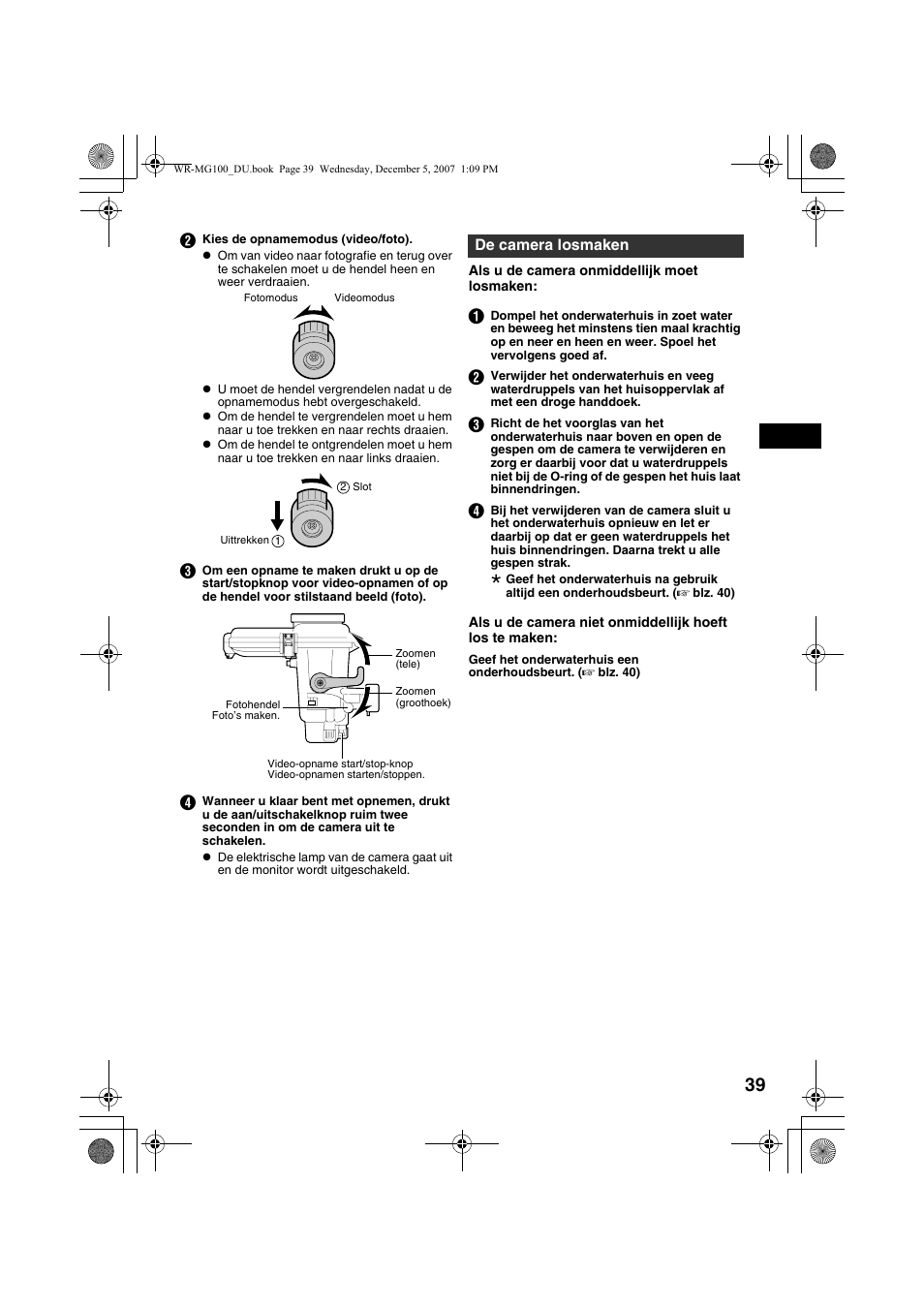 De camera losmaken, A blz. 39, 40, 41) | JVC Marine Case WR-MG100 User Manual | Page 39 / 103