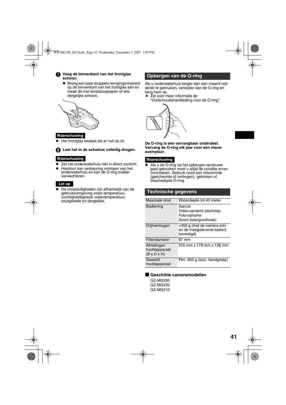 Opbergen van de o-ring, Technische gegevens | JVC Marine Case WR-MG100 User Manual | Page 41 / 103