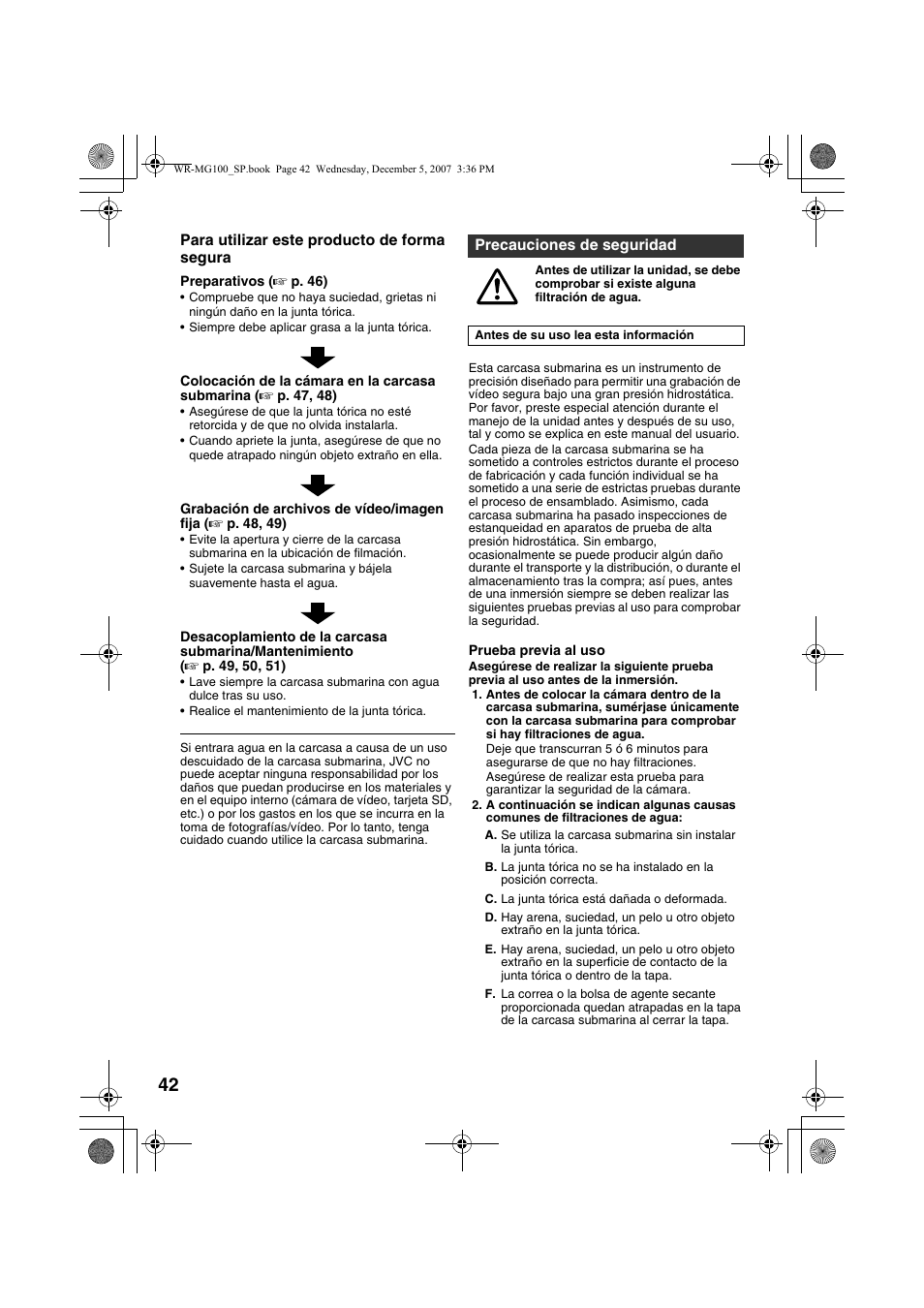 Caste. esp, Precauciones de seguridad | JVC Marine Case WR-MG100 User Manual | Page 42 / 103