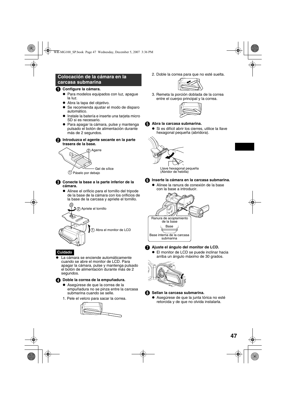 Colocación de la cámara en la carcasa submarina, A p. 47 | JVC Marine Case WR-MG100 User Manual | Page 47 / 103