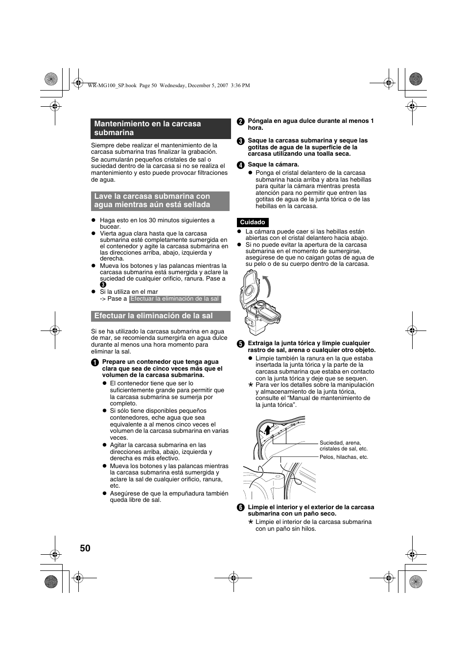 Mantenimiento en la carcasa submarina, Efectuar la eliminación de la sal, Tras utilizarla | A p. 50) | JVC Marine Case WR-MG100 User Manual | Page 50 / 103