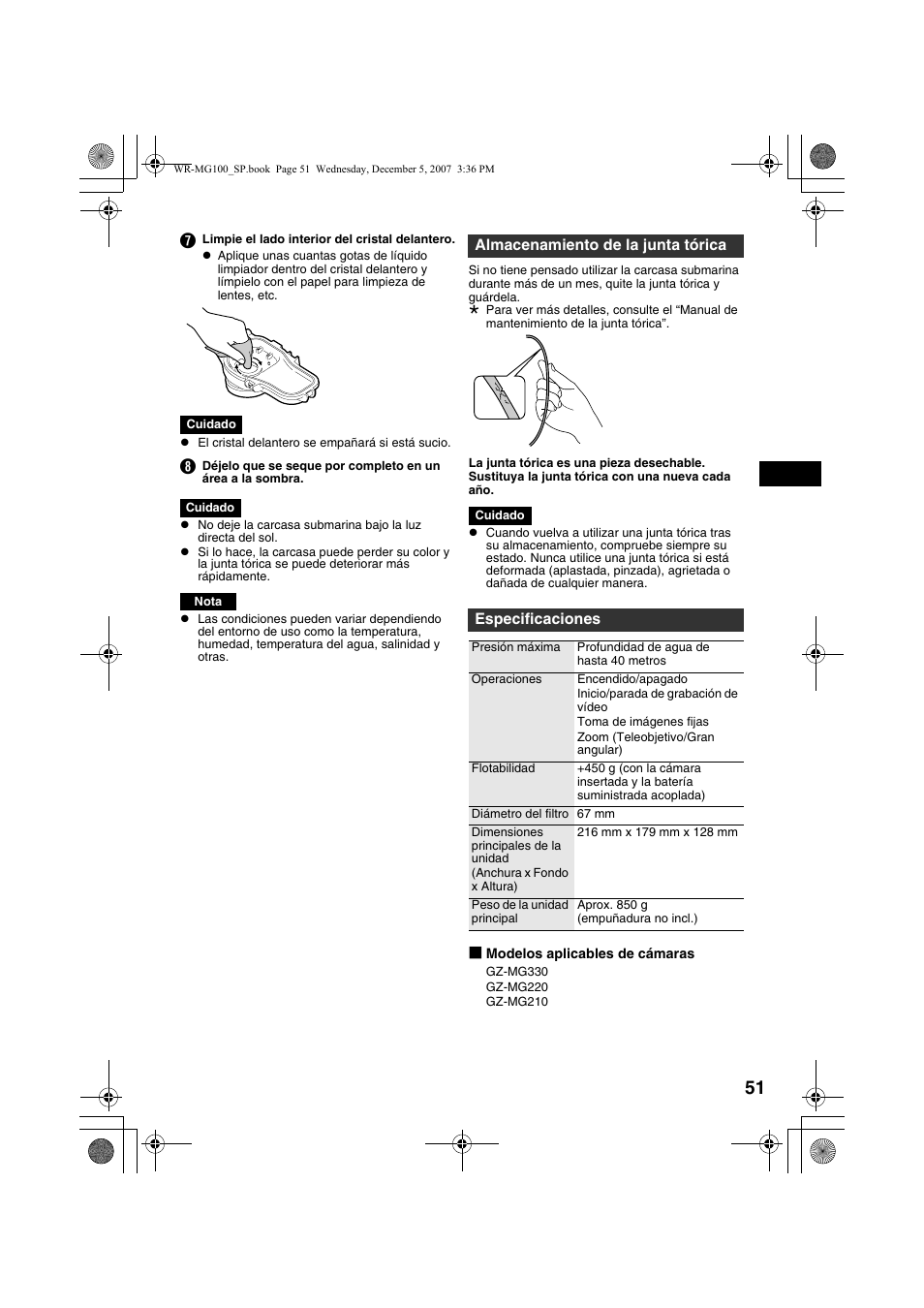 Almacenamiento de la junta tórica, Especificaciones | JVC Marine Case WR-MG100 User Manual | Page 51 / 103