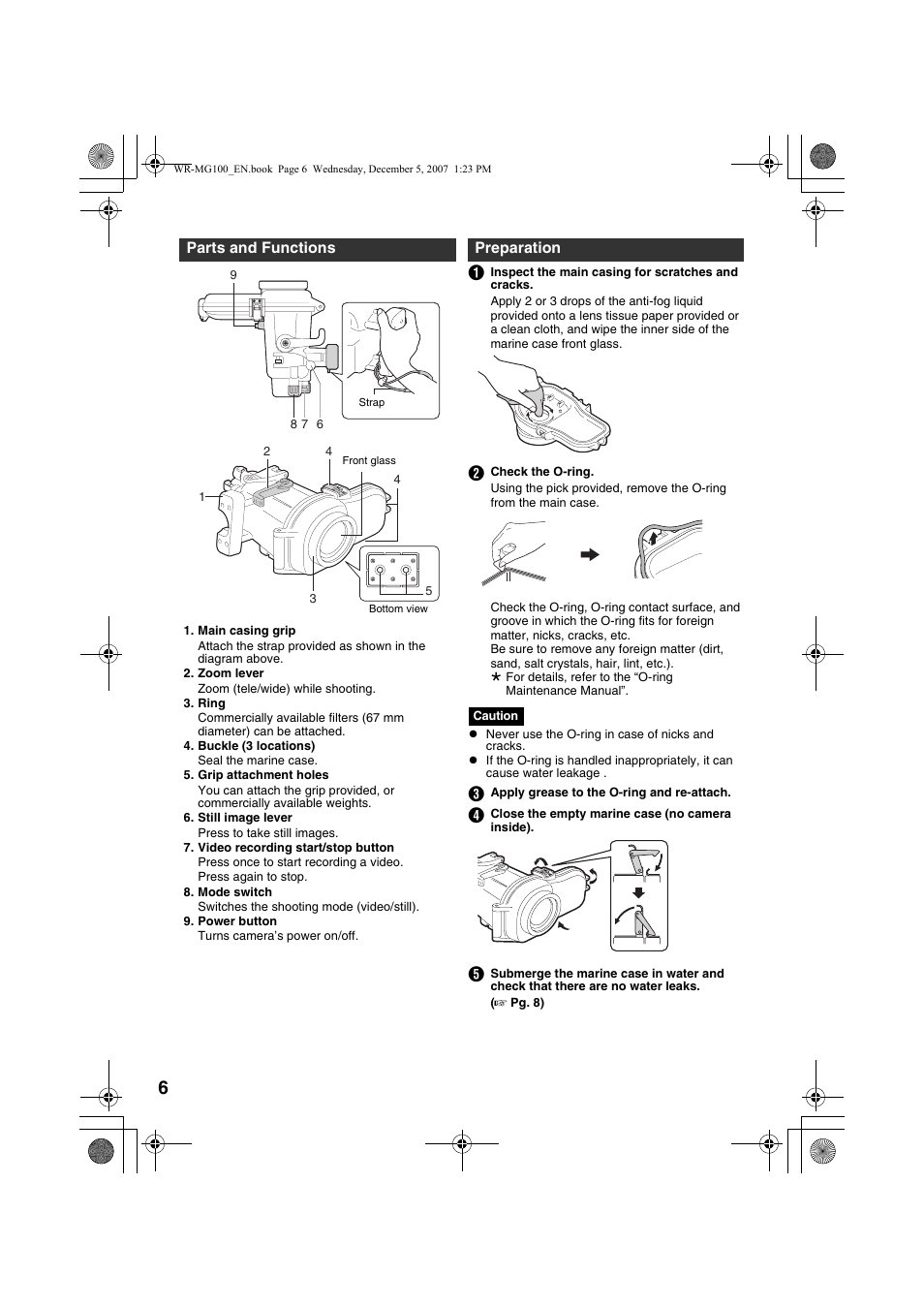 Parts and functions, Preparation, Ation | A pg. 6) | JVC Marine Case WR-MG100 User Manual | Page 6 / 103