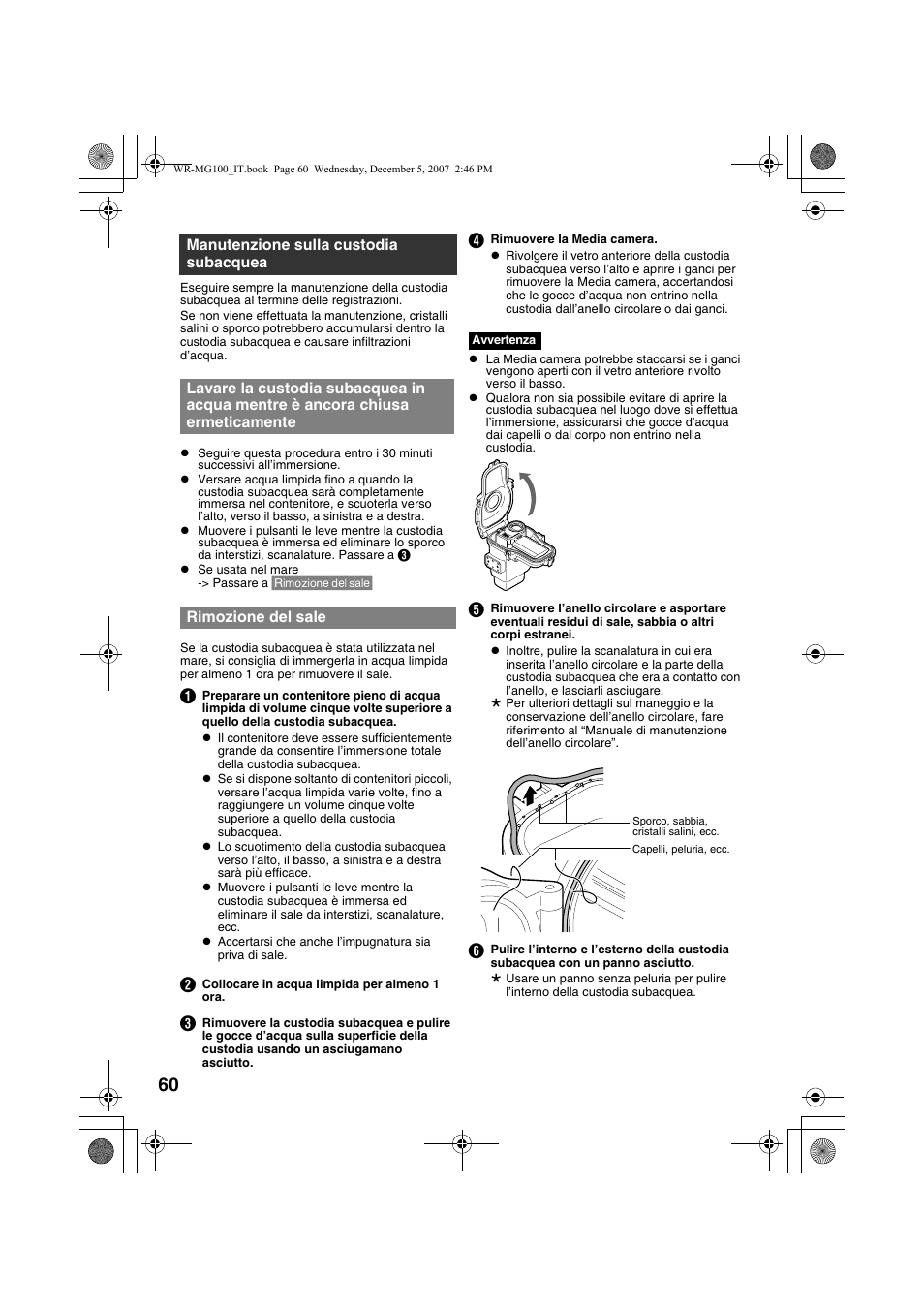 Manutenzione sulla custodia subacquea, Rimozione del sale, A pag. 60) | JVC Marine Case WR-MG100 User Manual | Page 60 / 103