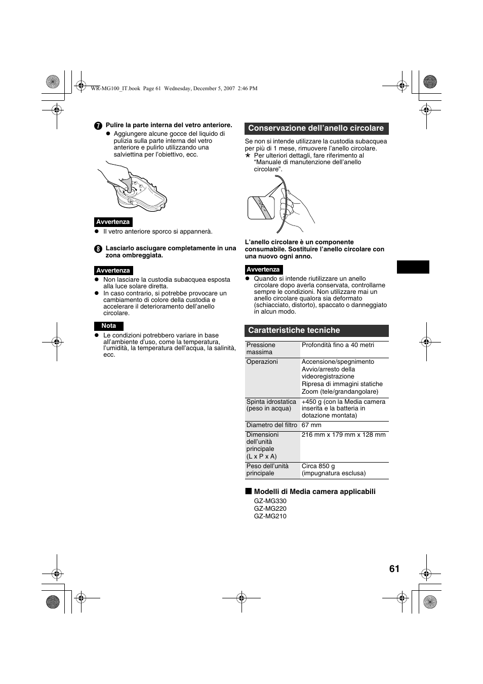 Conservazione dell’anello circolare, Caratteristiche tecniche | JVC Marine Case WR-MG100 User Manual | Page 61 / 103