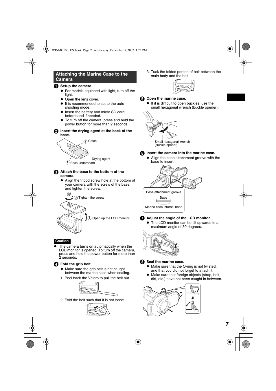 Attaching the marine case to the camera, A pg. 7, 8) | JVC Marine Case WR-MG100 User Manual | Page 7 / 103