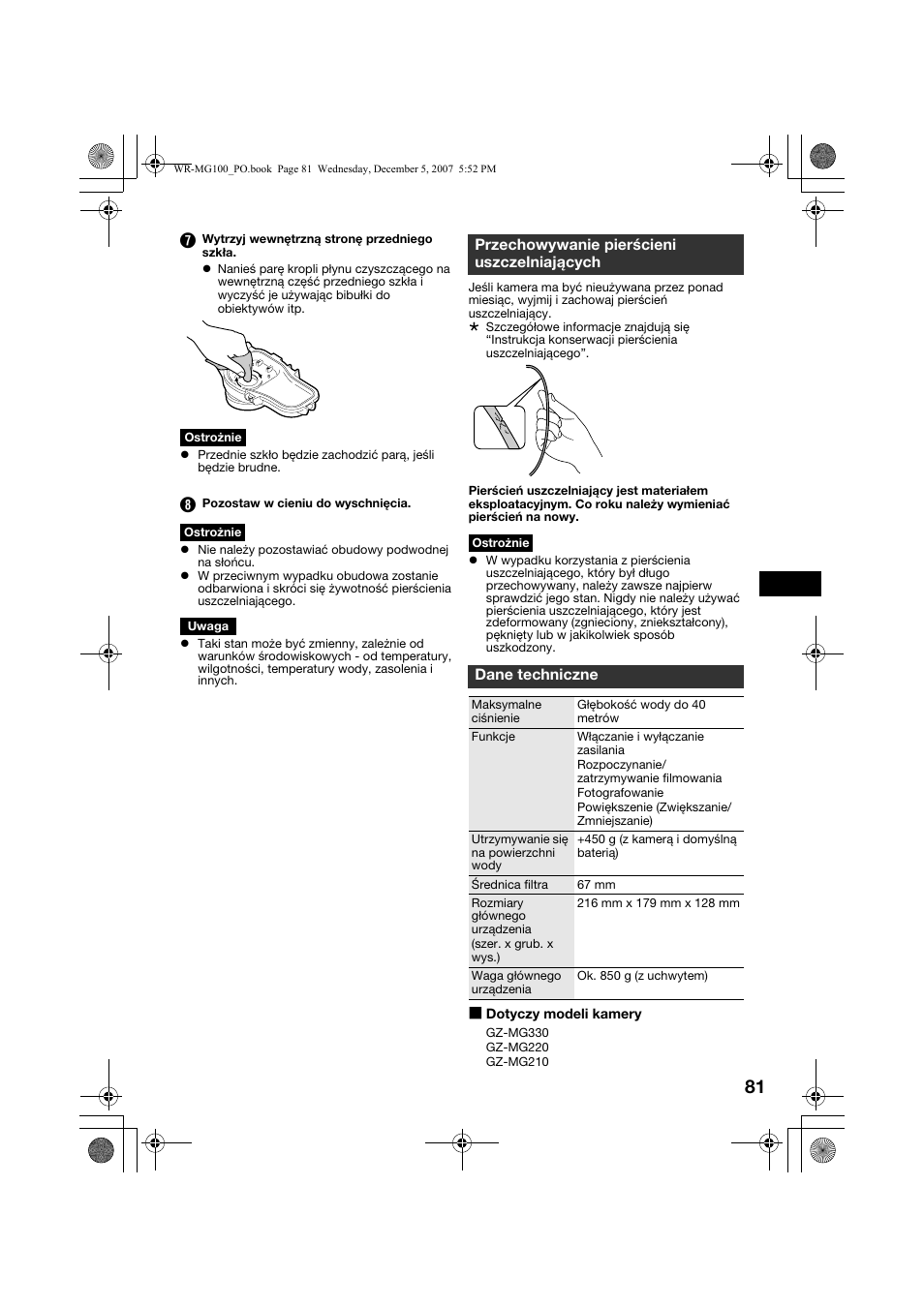 Przechowywanie pierścieni uszczelniających, Dane techniczne | JVC Marine Case WR-MG100 User Manual | Page 81 / 103